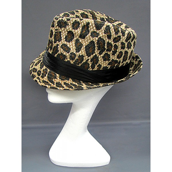 Fedora Straw Hat w/ Leopard Print - Brown - HT-1183BRMT